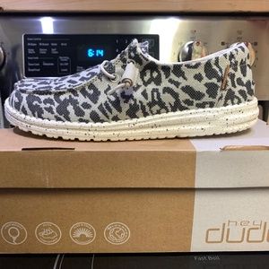 Hey Dude Women's Leopard Print Canvas Slip-On in Gray and Cream
